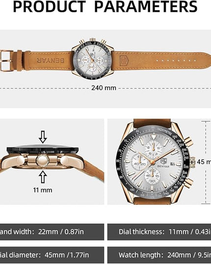 BY BENYAR Watch for Men Analog Quartz Chronograph Waterproof Luminous Designer Mens Wrist Watches Business Work Sport Casual Dress Watch with Silicone Strap Elegant Gifts for Men