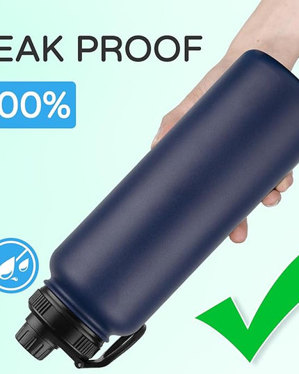 DOMICARE 40 oz Insulated Water Bottle, Vacuum Insulated Stainless Steel Sports Water Bottle with Straw Lid & Spout Lid, Leakproof, Reusable - Travel, Camping, Bike, Navy Blue