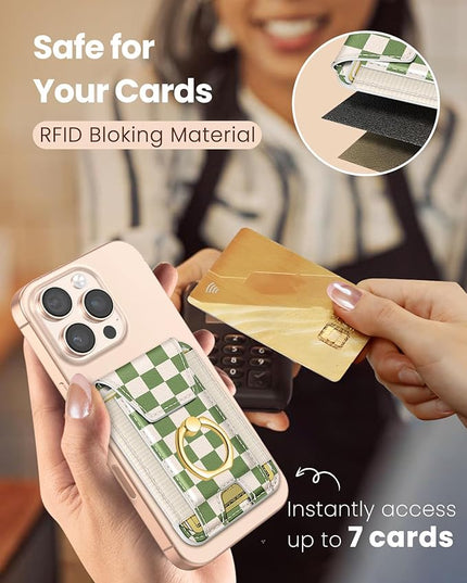 Shorogyt Compatible with Magsafe Wallet with Ring Grip Magnetic Card Holder - Cute Phone Wallets with Stand for iPhone 17/16/15/14/13/12 Series for Women Girls Green Grid Design, Fit 7 Cards