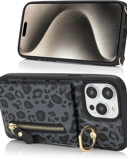 for iPhone 15 Pro Max Wallet Case with Card Holder, for iPhone 15 Pro Max Case Wallet with Strap Credit Card Slot, Crossbody Bag with Zipper Case for iPhone15 Pro Max - Black Leopard