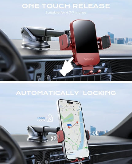 CHGeek 15W Fast Charging Auto Clamping Car Charger Phone Mount Phone Holder (Red)