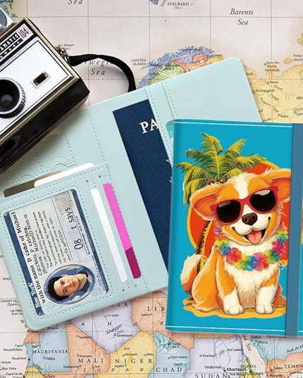 PU Leather Passport Holder Cover 5.9×4.3 Inch with Credit Card Slot and Boarding Pass Slot Combo Blocking Passport Holder Wallet Cover Case for Travel Boarding Essentials (Corgi)