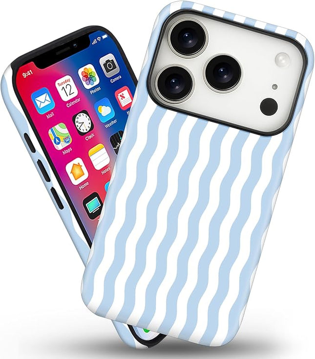 Magnetic for iPhone 17 Pro Max Case Cute Wavy Stripes Phone Case, Shockproof Slim TPU and Hard PC Protective Phone Cover Compatible with MagSafe Designed for Women Girls, Blue