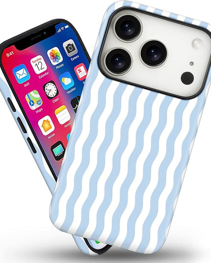 Magnetic for iPhone 17 Pro Case Cute Wavy Stripes Phone Case, Shockproof Slim TPU and Hard PC Protective Phone Cover Compatible with MagSafe Designed for Women Girls, Blue