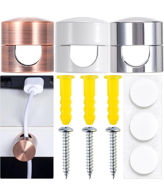 3 Sets Charger Holders for Cords, Adjustable Cable Anchor Holders, Adhesive Metal Cord Clips, Cable Management Wire Organizers for Desk, Office, Nightstand - White, Silver, Red Bronze