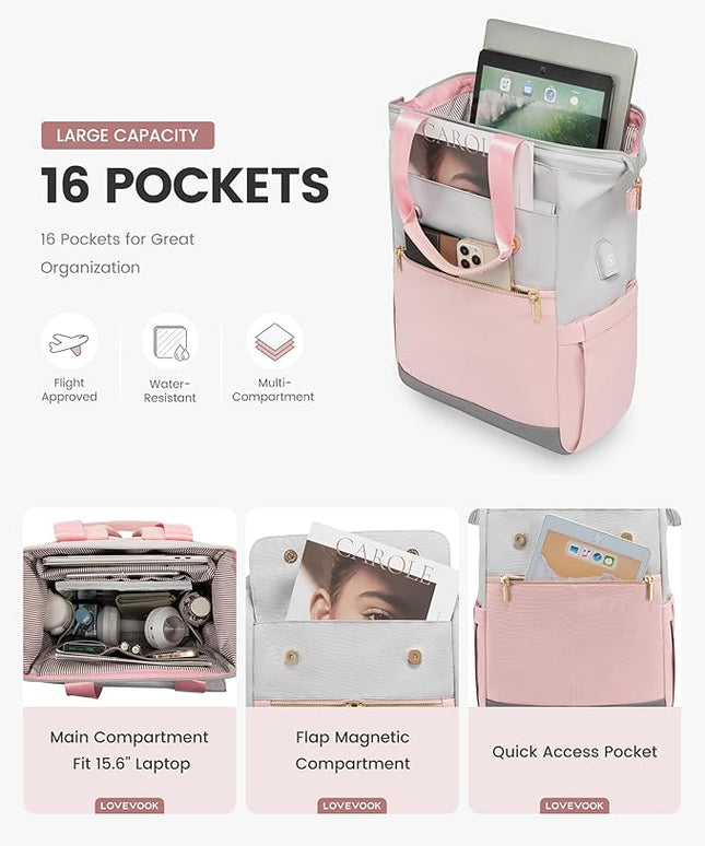 LOVEVOOK Laptop Backpack for Women, 15.6 Inch Work Laptop Bag with USB Port, Fashion Teacher Nurse Backpack Purse, Waterproof Travel Computer Backpack with Organizer Bag, 2PCS, Grey-Pink