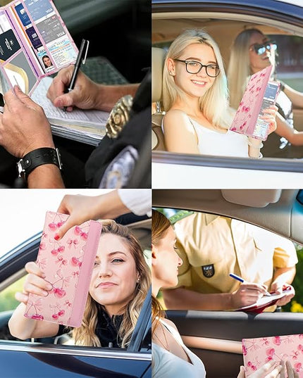 Car Registration and Insurance Holder with Magnetic Closure, Universal Document Organizer for License, Insurance Cards & Glove Box Storage (Cherry-Pink)