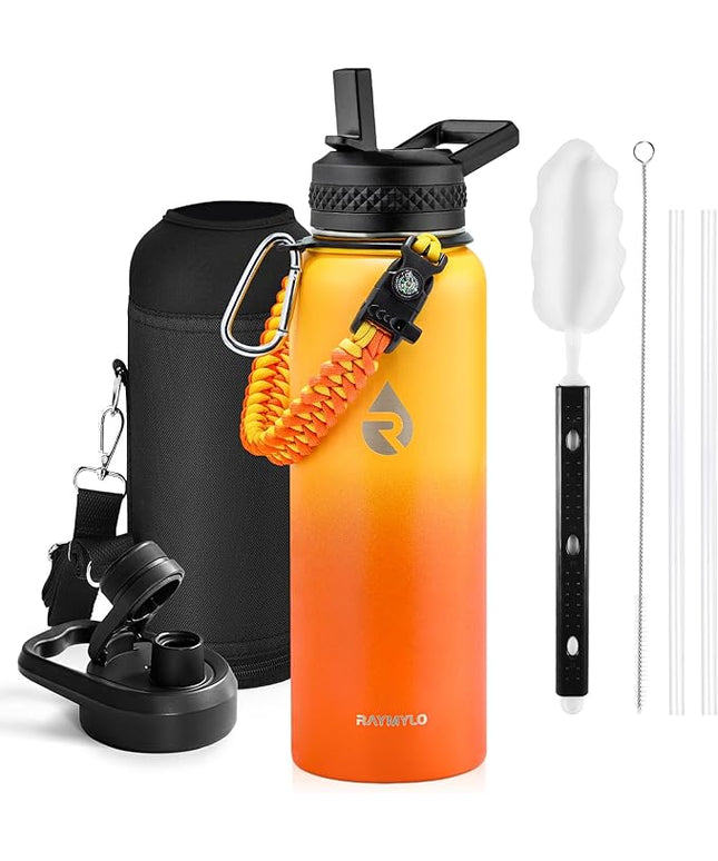 Insulated Water Bottle 40 oz, Triple Wall Vacuum Stainless Steel (Cold for 48 Hrs), Leak Proof & Non-BPA, Modern Water Flask Jug with Paracord Handle & Straw Spout Lids, Ombre Orange