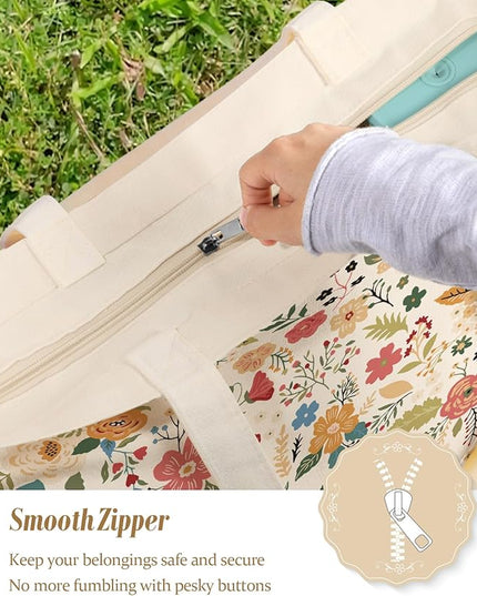 Large Tote Bag for Women - Aesthetic Cute Big Canvas Bags with Zipper Cotton Shoulder Bag for Gym, Travel, Work