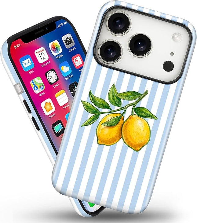 Magnetic for iPhone 17 Pro Case Cute Lemon Stripes Phone Case, Shockproof Slim TPU and Hard PC Protective Phone Cover Compatible with MagSafe Designed for Women Girls, Blue