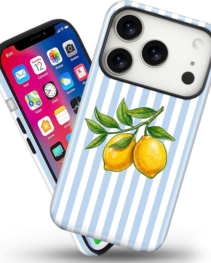 Magnetic for iPhone 17 Pro Max Case Cute Lemon Stripes Phone Case, Shockproof Slim TPU and Hard PC Protective Phone Cover Compatible with MagSafe Designed for Women Girls, Blue