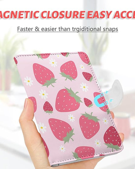 Passport Holder, Travel Wallet Cover with Pen Loop | Cute RFID Blocking Leather Case with Magnetic Closure for Travel Essentials-Strawberry