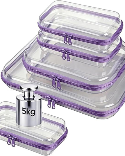 5 Pack Clear Hard Shell Zipper Pouches, TSA Friendly Transparent Design for Toiletries & Electronics, Crush-Resistant Storage for Carry-On Travel (Purple)