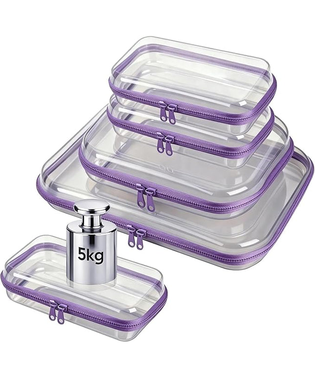 5 Pack Clear Hard Shell Zipper Pouches, TSA Friendly Transparent Design for Toiletries & Electronics, Crush-Resistant Storage for Carry-On Travel (Purple)