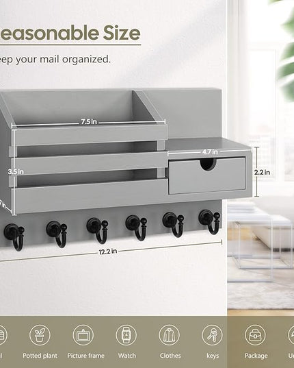 FifthQuarter Key and Mail Holder for Wall, Mail Organizer Wall Mount with 6 Hooks and Storage Drawer, Easy Installation Key Rack for Entryway and Home Decor (A-Grey)
