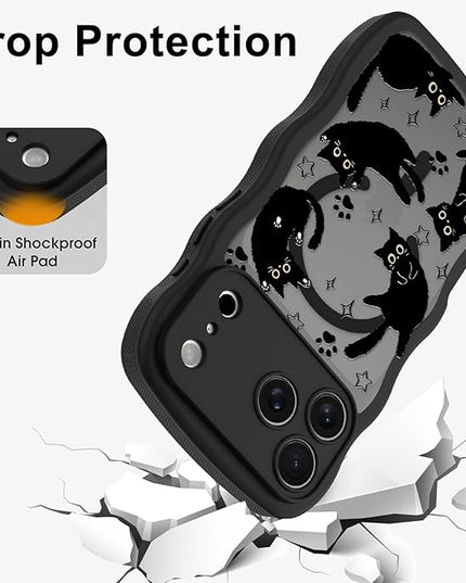 Cute Case for iPhone 17 Pro Max Case [Compatible with MagSafe] with Kawaii Black Cats Cat Print Pattern Design for Women Girls, Soft Wavy Edge Anti-Slip Animal Magnetic Protective Phone Cover