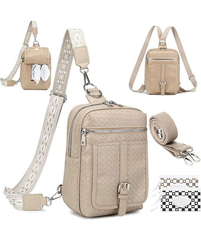 Sling Bag Crossbody Backpack - 2 in 1 Leather Cross Body Bag Fanny Pack with 2 Removable Straps