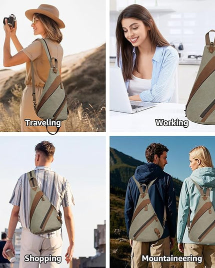 KL928 Canvas Sling Bag for Men Women, Genuine Leather Design Shoulder Crossbody Bags Backpacks Travel Daypack with Earphone Hole Rucksack, Olive Green