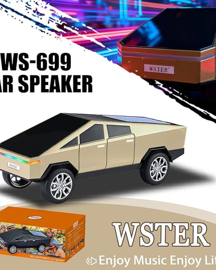 WS-699 Solar Bluetooth Replica Speaker – Future Pickup Truck Design, HD Sound, TWS Stereo Pairing, FM Radio, LED Party Light, USB/TF Playback, Hands-Free Mic, Type-C Charging, Portable Gift (Gold)