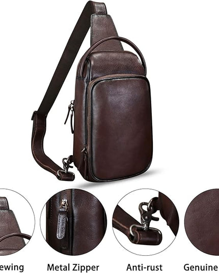 Genuine Leather Sling Bag Retro Crossbody Backpack Handmade Chest Shoulder Hiking Daypack Fanny Purse