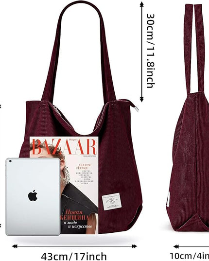 KALIDI Women Corduroy Tote Bag Zipper Casual Tote's Handbag Big Capacity Shoulder Bag with Pockets