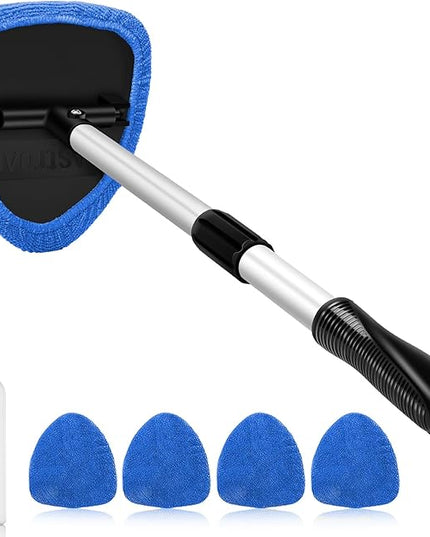 AstroAI Windshield Cleaner Tool, Car Interior Window Detailing Cleaning Kit with Extendable Handle and 4 Easy-to-Install Reusable Microfiber Pads, Auto Glass Wiper Brush Kit for Car&Home, Blue, 21in