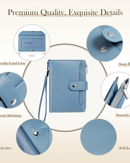 Dadanism RFID Passport Holder for Travel, Pu Leather Passport Wallet Cover with Card Holders, SIM Slots, Zippered Coin Pocket and Cash Slot, Slim Compact Travel Wallet for Women, Blue