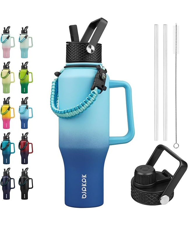 BJPKPK Insulated Water Bottles with Straw Lid, 35oz Metal Water Bottle with 2 lids & Paracord Strap, Double Wall Stainless Steel Tumbler with Handle, Reusable Cups, Mugs, Thermo, Sky