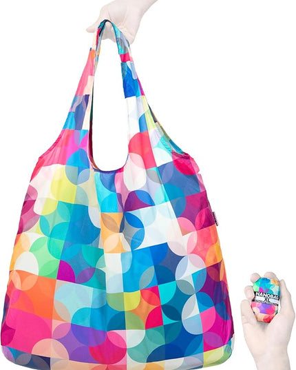 Nanobag Ultralight Heavy Duty Foldable Tote for Women & Men, Reusable Grocery & Travel Bag, Packable Collapsible Compact Market Essential (XL Color Blocks)