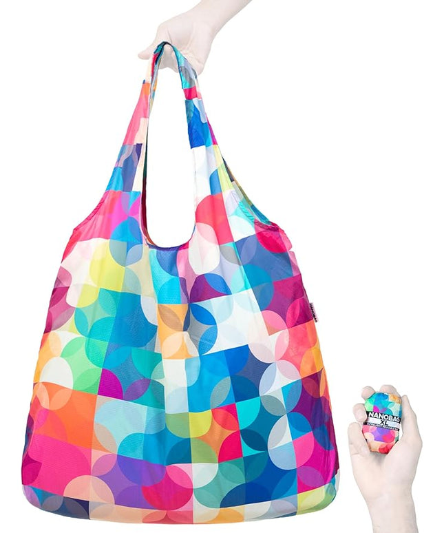 Nanobag Ultralight Heavy Duty Foldable Tote for Women & Men, Reusable Grocery & Travel Bag, Packable Collapsible Compact Market Essential (XL Color Blocks)