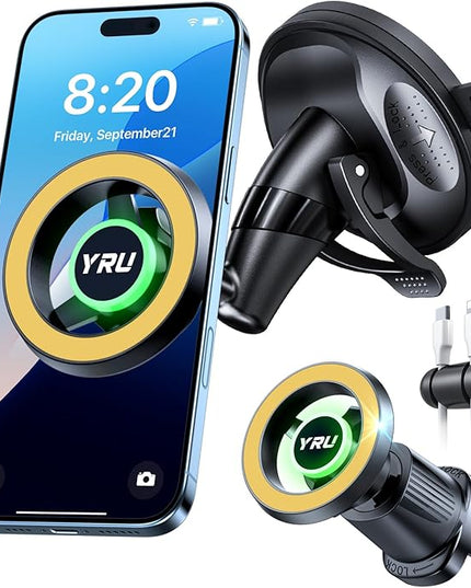 YRU [Truely Upgrade & Patent] Car Phone Holder for Magsafe [98+LBS Strongest Suction & Enhanced Magnetic] Dashboard Car Mount Windshield Vent Phone Stand for iPhone 17/16/15/14/13/12 Pro Max (Golden)