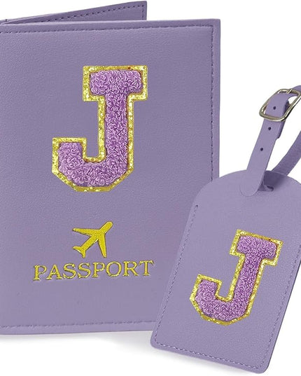 COSHAYSOO Initial Passport Cover Luggage Tag Set Letter Passport Holder Airplane Cruise Travel Essentials Vacation Traveling Accessories Personalized Gifts for Women Teen College Girls Purple J
