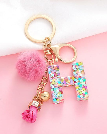 Resin Alphabet Initial Letter Keychain Keyring for Women Purse Handbags With Fur Ball Pom