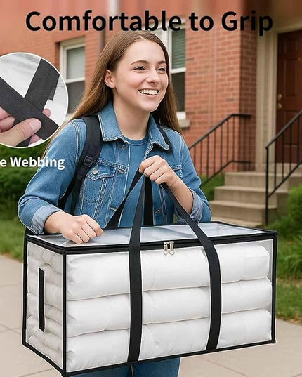 4 Pack-Extra Large Heavy Duty Moving Bags - Waterproof Storage Totes with Handles & Zippers, Foldable for College Dorm, Storage (Clear)