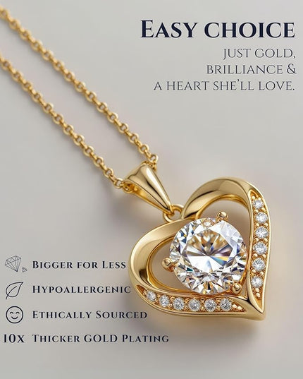 Moissanite Necklace for Women - 14k Gold Heart Necklaces - Moissanite Pendant 2 - 3 Carat - Christmas Gifts for Women - Jewelry Gift for Anniversary, Girlfriend Birthday - Jewelry for Wife from Husband