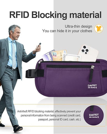 RFID Blocking Money Belt for Men Women, Slim Fanny Pack For Travel，Running,Conceal Waist Wallet For Passport Holder,Phone,Cash(Dark Purple), Dark Purple, Rfid Blocking & Belt Wide:1inch