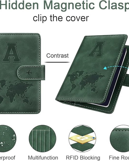 Personalized A Passport Holder Cover Initial Letter Travel Wallet RFID Blocking Passport Cover Credit Card Holder Case Passport Book Holders for Women and Men, Pine Green-A