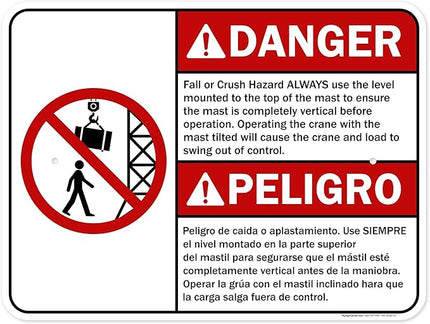 Danger Fall Or Crush Hazard Always Use The Level Mounted Bilingual Sign, 18x24 Inches, Rust Free .063 Aluminum, Fade Resistant, Made in USA by My Sign Center