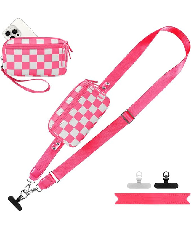 Clip and Go Strap for Phone with Wallet Crossbody, Adjustable Phone Lanyard with Detachable RFID Wristlet Wallet, Phone Strap with Phone Tabs for All Phones, Pink Checkered (L)