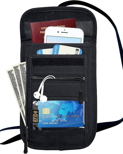 RFID Blocking Travel Neck Wallet Pouch and Passport Holder, Travel Neck Pouch Passport Holder for Women & Men - Black