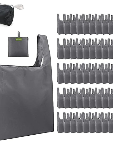 BeeGreen Grey Reusable Grocery Bags Wholesale Gray Reusable Kitchen Bags Bulk Foldable-Machine Washable with Zipper Storage Pouch 50 Packs