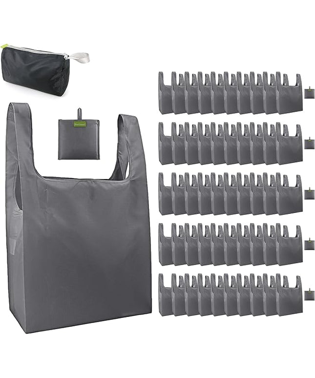 BeeGreen Grey Reusable Grocery Bags Wholesale Gray Reusable Kitchen Bags Bulk Foldable-Machine Washable with Zipper Storage Pouch 50 Packs
