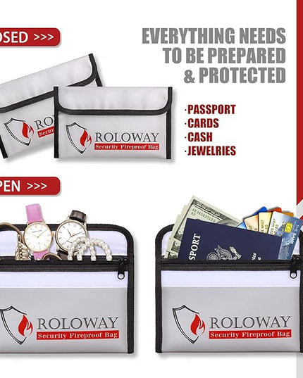 ROLOWAY Small Fireproof Bag (5 x 8 inches), Non-itchy Fireproof Money Bag for Cash, Valuables, Passport, Currency & Keys (2-Pack Silver)