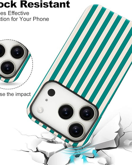 Magnetic for iPhone 17 Pro Max Case Cute Stripes Phone Case, Shockproof Slim TPU and Hard PC Protective Phone Cover Compatible with MagSafe Designed for Women Girls, Emerald Green