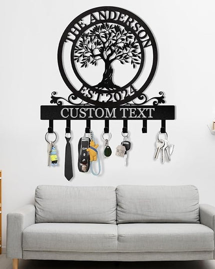 KAINSY Personalized Metal Key Holder Tree of Life - Custom Name, Key Hooks, Coat Rack, Key Hanger for Wall, Home Decor, Housewarming Gift