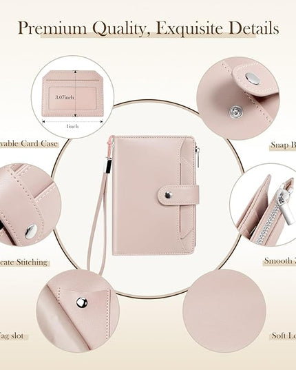 Dadanism RFID Passport Holder for Travel, Pu Leather Passport Wallet Cover with Card Holders, SIM Slots, Zippered Coin Pocket and Cash Slot, Slim Compact Travel Wallet for Women, Pink