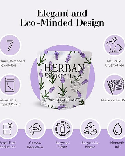 Herban Essentials - Lavender Wipes & Towelettes - Essential Oil Wipes for Make Up, Hands, Face & Body - Travel Size Essentials and Toiletries - Natural, Individually Wrapped and Disposable - 7 Count