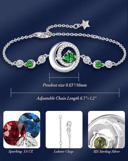 FANCIME Birthstone Bracelets 925 Sterling Silver Moon and Star Bangle Charm Bracelet Fine Jewelry Birthday Anniversary Christmas Day Gift for Her Women, Adjustable Chain 6.7"+1.2" Extend