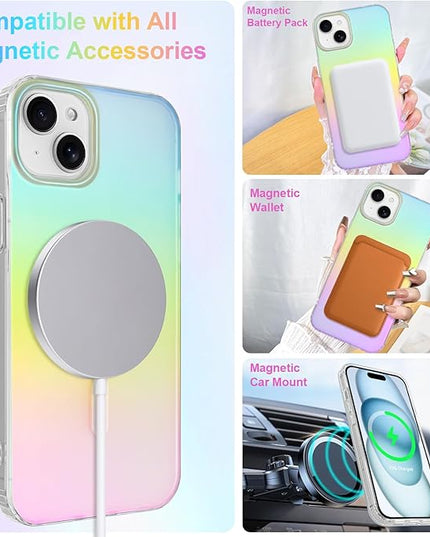Cute Case for iPhone 15 Case for Women Girls [Compatible with Magsafe] Aesthetic Girly Glitter Bling Rainbow Magnetic Protective Phone Cover, Translucent Iridescent Blue & Pink