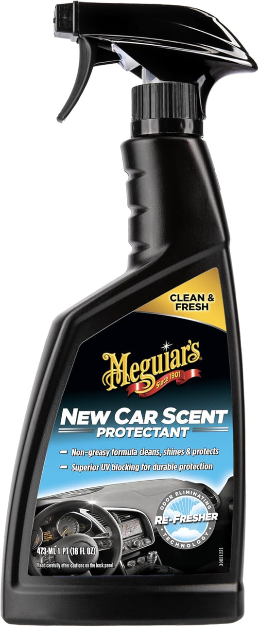 Meguiar's New Car Scent Protectant Spray - Car Interior Cleaner for Vinyl, Rubber and Plastic, Contains UV Protection and Leaves a Rich, Satin Shine with a Pleasant New Car Smell, 16 Oz
